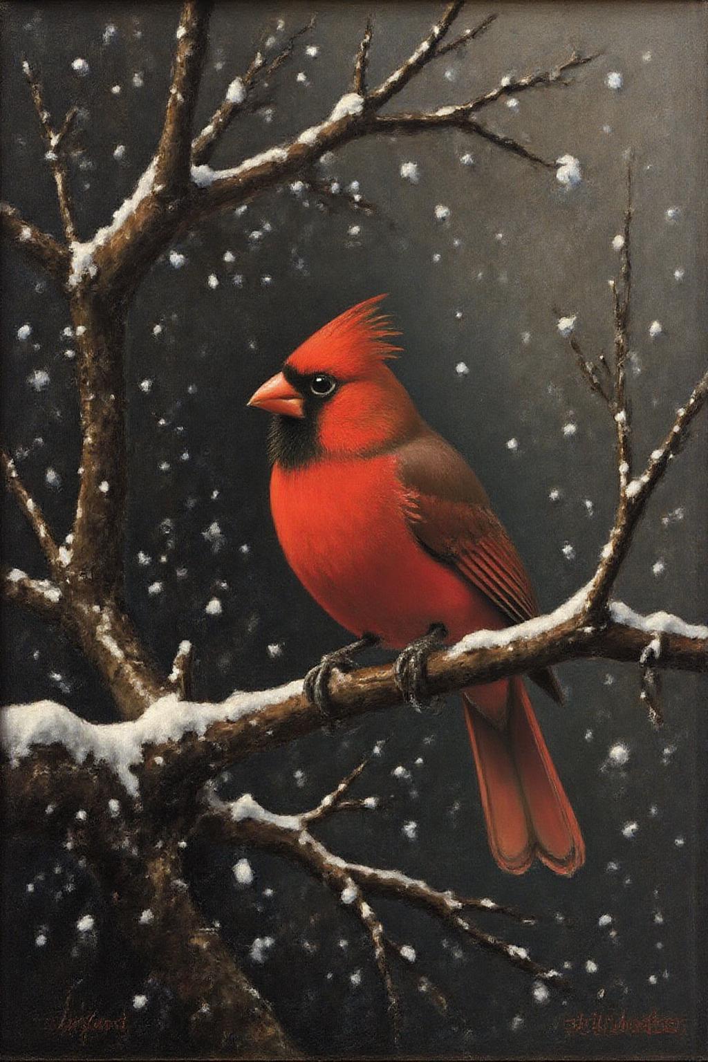 janver1 oil painting. a red cardinal perched on a branch during a snowstorm  <lora:janver3_handc_d6a3e13:1.0><lora:806201787360176138:0>