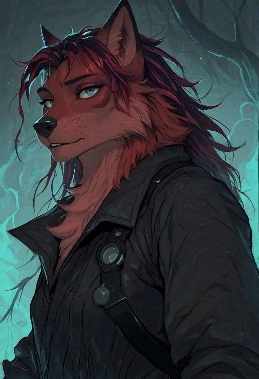 A turquoise-colored furry fox scribe. Ash-colored hair. She is wearing a scientific jumpsuit that is torn in several places. transformation into a fox. a laboratory filled with gas. Silent surprise. Doused with something. The Orphen sirius style. JuliaTDC Style~ArtS.
