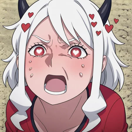 masterpiece, best quality, newest, absurdres, highres, anime, anime style,
BCV1.0, crying, cry, crying with yes open, open mouth, parody, meme, 1girl, 1girl, modeus_(helltaker), white hair, horns, hearts, symbol shaped pupils,