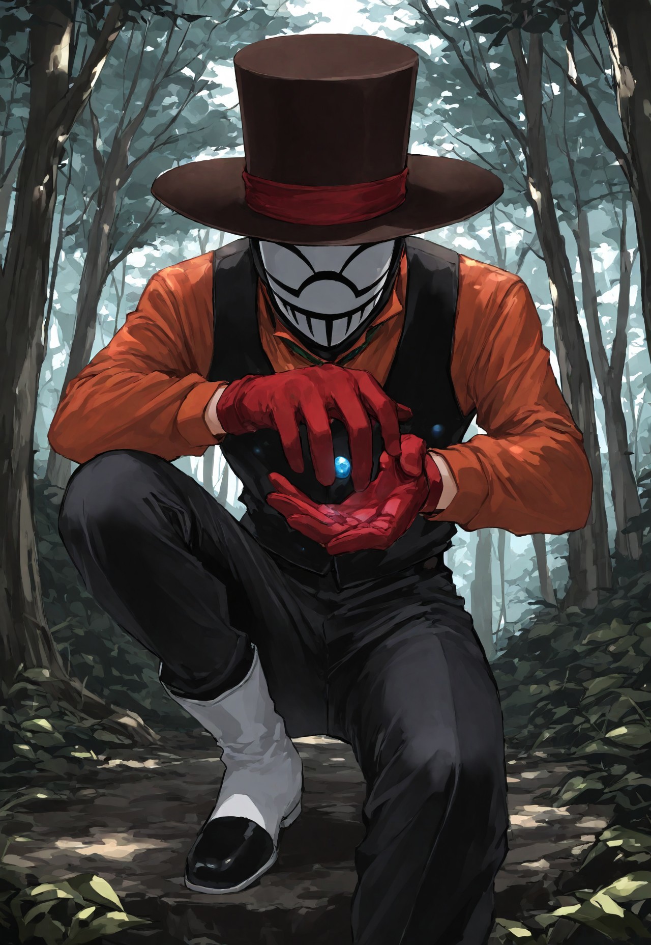 Smooth_Quality, masterpiece, best quality, amazing quality, very aesthetic, absurdres, newest, detailed background, 3ompress, 1boy, solo, top hat, mask, balaclava, shirt, red gloves, pants, boots, holding small marble, forest