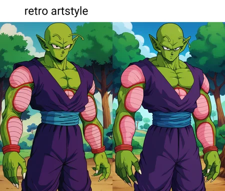 score_9, score_8_up, score_7_up, score_6_up, BREAK retro artstyle, piccolo, 1boy, green skin, pink patches, slug antennae, purple dougi, purple pants, blue sash, serious,black eyes, outdoors, nature,bald,pointy ears,abs,nails,sharp fingernails, <lora:PiccoloPonyV2:1>