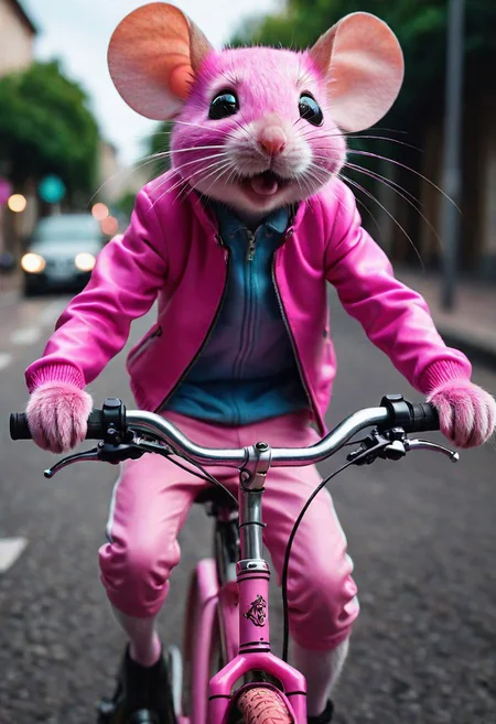 close up photo awesome, Pink mouse ridding a bike, a humanoid posture (best quality, high quality, photograph, hyperrealism, masterpiece, 8k:1.3 trending, rule of thirds,  Fujifilm XT3, Canon R5, Fujicolor Fujichrome Velvia 100, wide angle, mystic light, hdr, 8k, full details, best photo award
