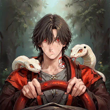 power crashes kobeni's car (meme), car interior, holding, steering wheel, look at viewer, crying with wide eyes open, nervous sweating, from front,A man with a snake on his shoulders smiles , human:1.2, (sn4k3, snake, snake on shoulders, upper body, FntsyPstlCE style), front_view, scaleless snake:1.6, white coloured snake:1.2, red eyes on snake, wheel of fortune background:1.2, rng wheel:1.5