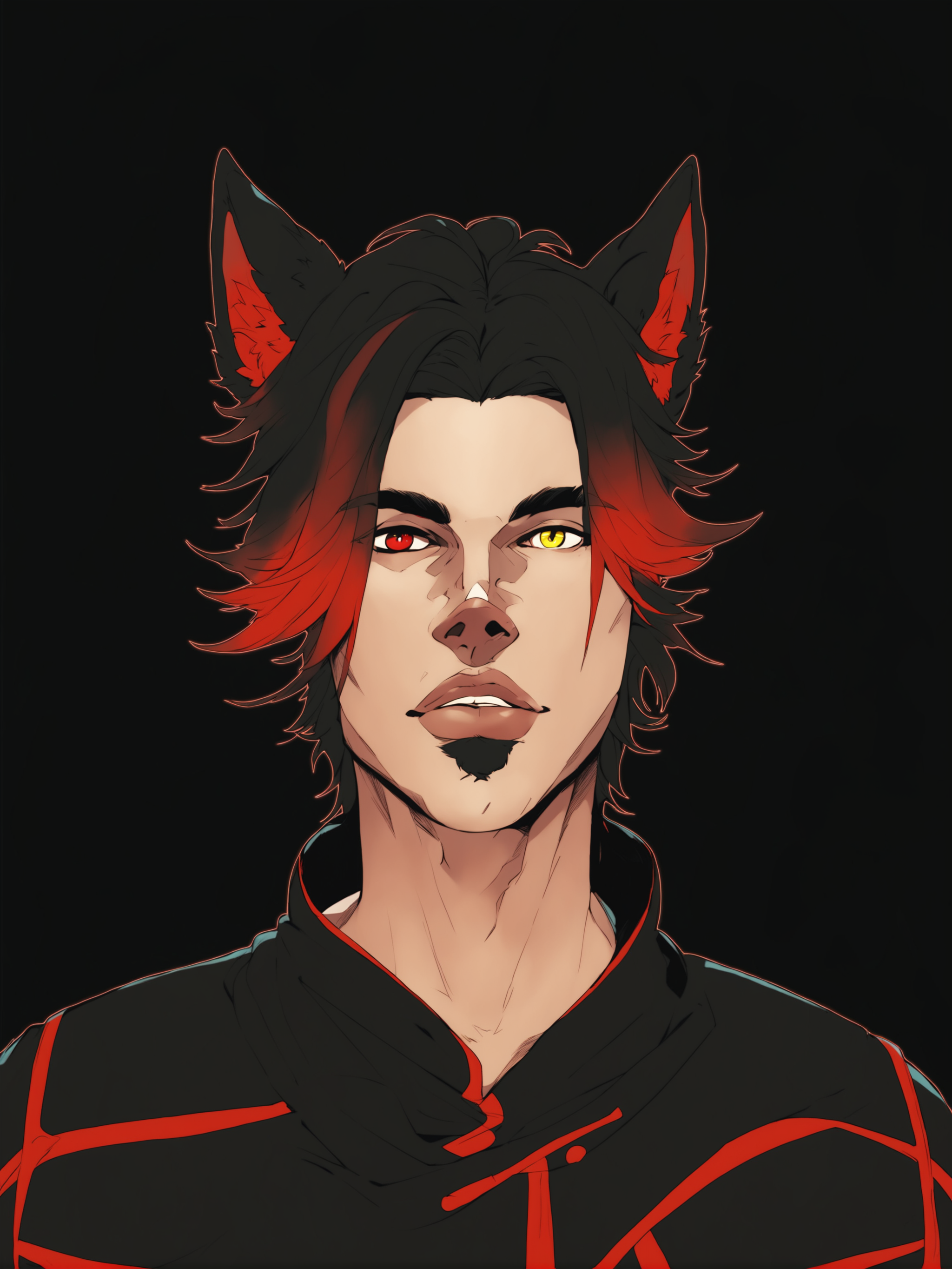 Duskfallcrew Art Style, masterpiece, official art, best quality, boy, male focus, solo, heterochromia, yellow eyes, red eyes, two tone hair, black hair, ombre hair, gradient hair, red hair, short hair, parted bangs, animal ears, cat ears, miqote, simple background, male focus, parted lips, lips, black background, looking at viewer, score_9_up, score_8_up, score_7_up, score_6_up, source_cartoon , <lora:dskart_ponyxl:1>