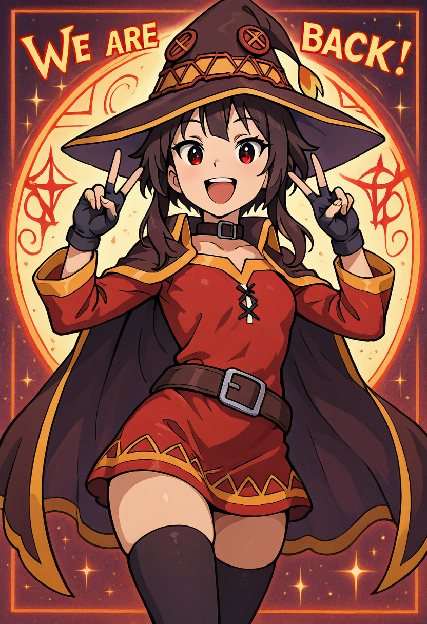 masterpiece, best quality, 1girl, solo, eyelashes, (beautiful eyes),    We4reSoB4ck, text, medium breasts, (curvy),   megumin, solo, looking at viewer, smile, red eyes, black hair, short hair with long locks, thighhighs, gloves, witch hat, red dress, black gloves, belt, black thighhighs, fingerless gloves, cape, collar, dramatic pose,  (upper body), smile, teeth, :D, v,   ,<lora:We4reSoB4ck_IXL_v1:1.0>,