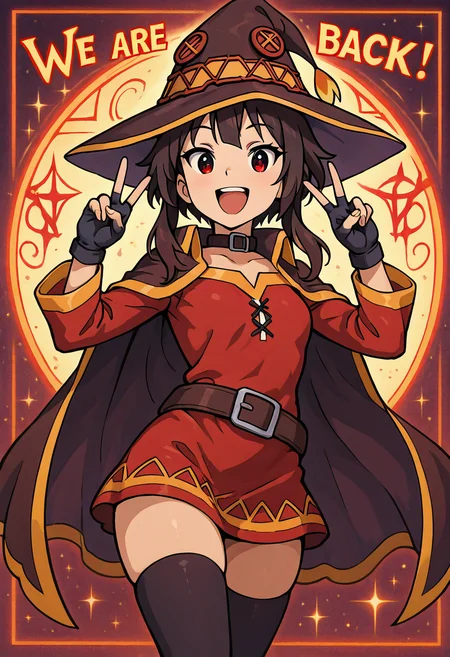 masterpiece, best quality, 1girl, solo, eyelashes, (beautiful eyes), We4reSoB4ck, text, medium breasts, (curvy), megumin, solo, looking at viewer, smile, red eyes, black hair, short hair with long locks, thighhighs, gloves, witch hat, red dress, black gloves, belt, black thighhighs, fingerless gloves, cape, collar, dramatic pose, (upper body), smile, teeth, :D, v, ,<lora:We4reSoB4ck_IXL_v1:1.0>,