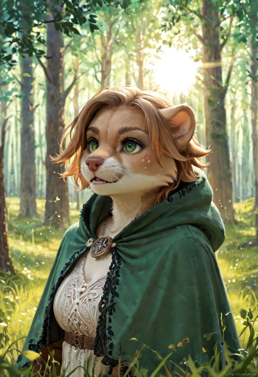 score_9, score_8_up, score_7_up, score_6_up, solo, stoat, beige fur, freckles, fantasy clothes, green clothes, blond hair, green cape, female, forest background, lush field background, field, sun, weasel, green eyes