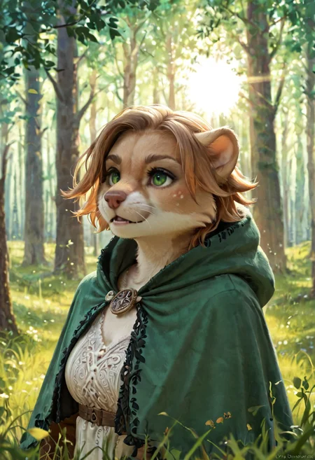 score_9, score_8_up, score_7_up, score_6_up, solo, stoat, beige fur, freckles, fantasy clothes, green clothes, blond hair, green cape, female, forest background, lush field background, field, sun, weasel, green eyes