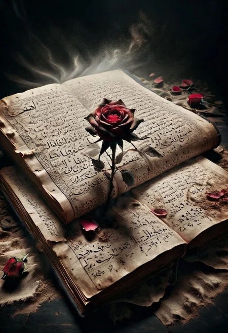 A withered ais-crsd rose lying on an ancient Arabic book, its petals blackened and curled, on a table covered in dust. <lora:ais-crsd-sdxl:1>,volumetric lighting), (dynamic lighiting), godrays, Rembrandt lighting, real shadows, intricate detail