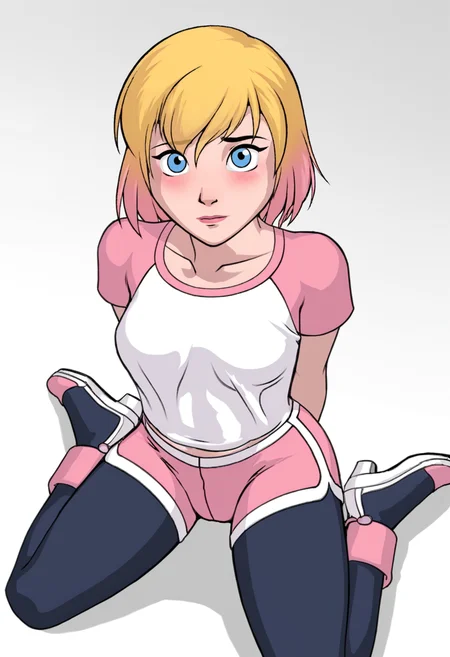 <lora:gwenpool_rle2-000048:1> gwenpool_rle, 1girl, solo, multicolored blonde and pink hair, blue eyes, white and pink t-shirt, pink and white shorts,  simple white background, dark blue tights, kneeling, solo, hands behind back, happy, shy, from above, looking up at viewer, glancing aside, looking away, blush,