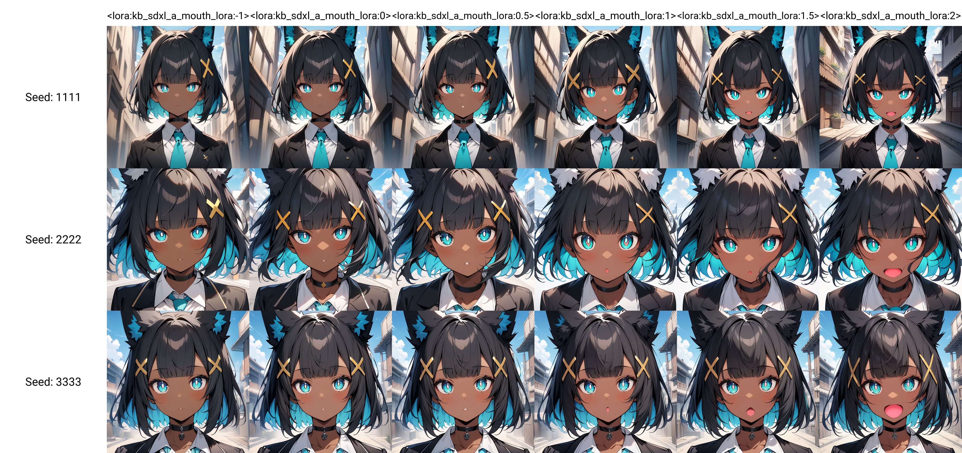 masterpiece,best quality,1girl,dark skin,dark-skinned female,black hair,bangs,blunt bangs,blue inner hair,short hair,yellow x hair ornament,fox ears,white pompom in ears,aqua eyes,white pupils,bright pupils,black choker,(black blazer:1.1),white shirt,aqua tie,sky,detailed background,face focus,<lora:kb_sdxl_a_mouth_lora:-1>,