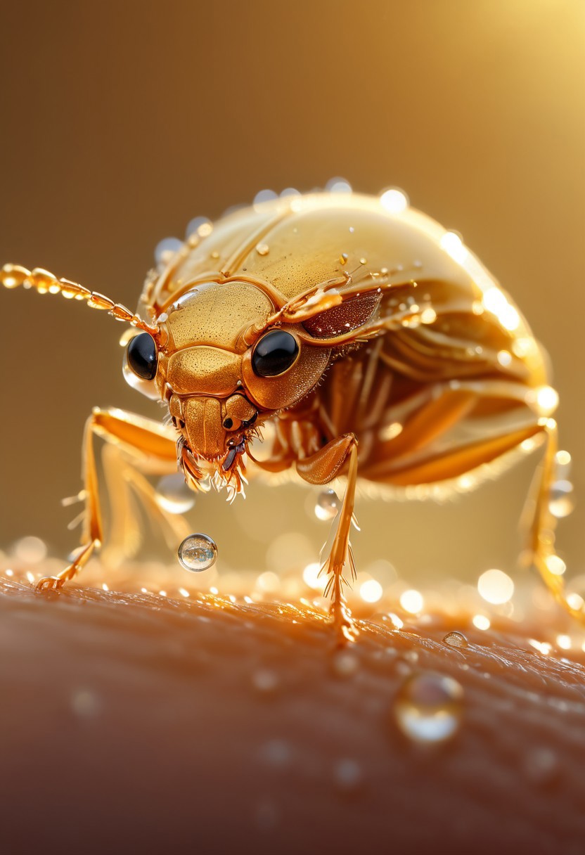 An ultra-realistic photo of a cute tiny golden mystical bug in the morning sunlight, capturing every intricate detail of the delicate strands and shimmering droplets. 
, aidmamj6,