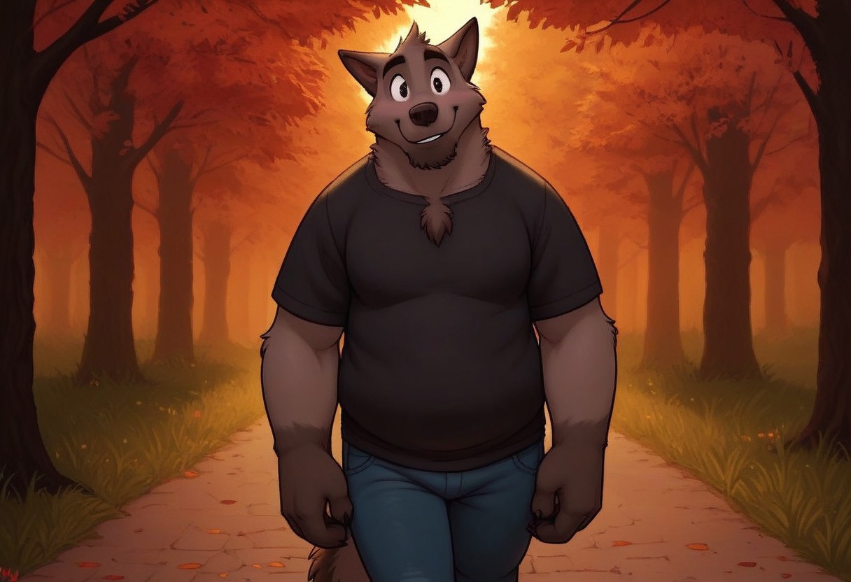score_7, score_8, score_9, dynamic lighting, detailed background, background is park, trees, walking path, benches, sunny, (close up), cowboy shot,
BREAK 
Solo, 1 male, single male, anthro, furry male, male wolf, Doug, grey fur, animal nose, black eyes, black hands, black feet, feet claws, chest fur tuft, black wolf tail, pointy ears, chubby, tall, big hands,
BREAK 
standing, looking at viewer, smiling, shy, jeans, black t shirt, hands in pockets