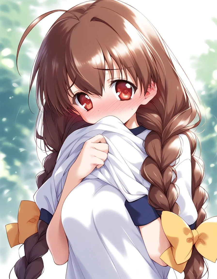 score_9, score_8_up, score_7_up, source_anime, rating_explicit, BREAK <lora:Pasocom_Paradise_2001.8_XL:0.9>Pasocom_Paradise_2001.8, very long hair, twin braids, ahoge, bangs, brown hair, red eyes, hair between eyes, Yellow bow,
gym uniform,white shirt, dark blue buruma,
outdoor day
medium breasts, full-face blush, embarrassed,
looking at viewer,
cowboy_Shot,