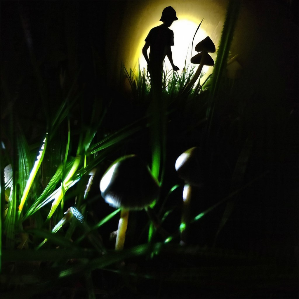 dark-grasshrooms, a hand picking mushrooms, grass, silhouette, backlit, sidelight