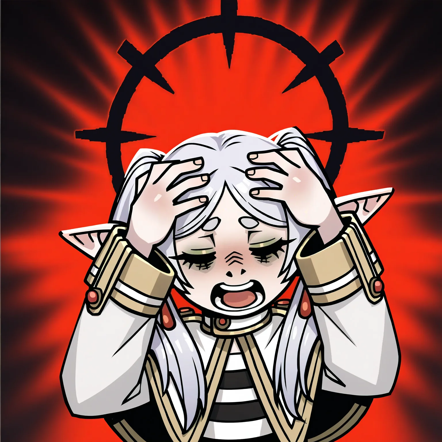 masterpiece, best quality, very aesthetic, absurdres BREAK
1girl, frieren, green eyes, grey hair, twintails, pointy ears, eyebrows, white capelet,
affliction, black halo, hands on own head, closed eyes, pain, open mouth,
upper body, solo, red background, black background <lora:AfflictionIllustriousXL_byKonan:1>