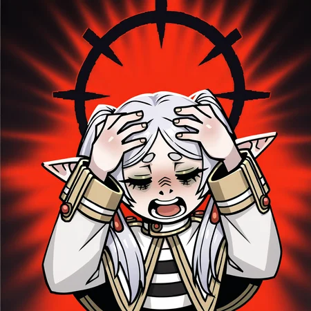 masterpiece, best quality, very aesthetic, absurdres BREAK
1girl, frieren, green eyes, grey hair, twintails, pointy ears, eyebrows, white capelet,
affliction, black halo, hands on own head, closed eyes, pain, open mouth,
upper body, solo, red background, black background <lora:AfflictionIllustriousXL_byKonan:1>