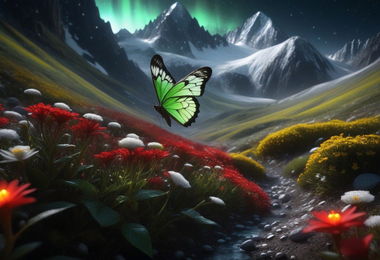 amazing quality, masterpiece, best quality, hyper detailed, ultra detailed, UHD, depth of field, mountains snowy peaks, (green butterfly), parking on (red floret), night, magic  mountains, fog, firefly, transparent and polishing ral-ntrgmstn, on side, darkness, glowing, (dazzling light:1.2), water droplets after rain,
<lora:ral-ntrgmstn:1.2>, 
<lora:add-detail-xl:0.8>,
<lora:quality1:0.8>,