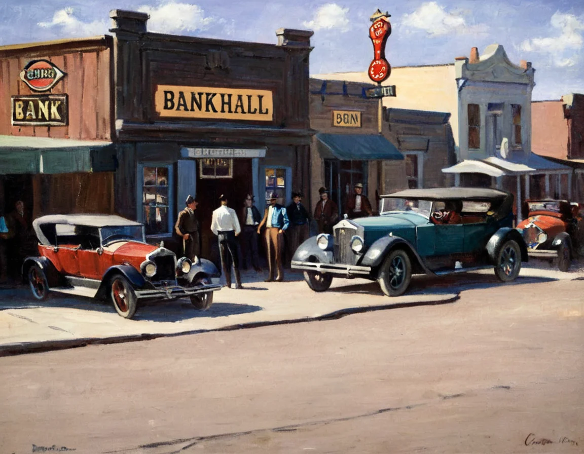 Dunn painting depicting a street scene in Winner, South Dakota, featuring several businesses and people. The scene is composed so that the street buildings face the viewer on the right. On the right is a bank building with a large "BANK" sign above the awning and a bold "B" on the side facing the street, situated at an angle. A classic car is parked in front, with two men visible inside. Another man stands next to the car. Moving to the left are the "SALOONâ and "POOL HALL", each identified by prominent signs above their respective doorways. A horse-drawn carriage sits in front of the saloon, and a group of people stand outside the pool hall next to an early-model car parked to the side. The people appear to be casually dressed, reflecting the era and setting. The composition captures a sense of life and commerce in a small, turn-of-the-century town.<lora:HDunn1-000006:1>