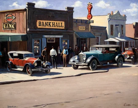 Dunn painting depicting a street scene in Winner, South Dakota, featuring several businesses and people. The scene is composed so that the street buildings face the viewer on the right. On the right is a bank building with a large "BANK" sign above the awning and a bold "B" on the side facing the street, situated at an angle. A classic car is parked in front, with two men visible inside. Another man stands next to the car. Moving to the left are the "SALOONâ and "POOL HALL", each identified by prominent signs above their respective doorways. A horse-drawn carriage sits in front of the saloon, and a group of people stand outside the pool hall next to an early-model car parked to the side. The people appear to be casually dressed, reflecting the era and setting. The composition captures a sense of life and commerce in a small, turn-of-the-century town.<lora:HDunn1-000006:1>