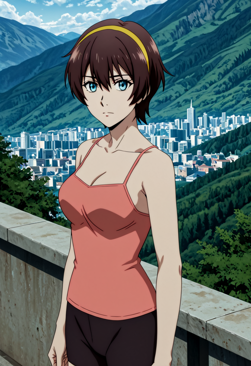 <lora:Yuu_IL_V3:0.9>,(Character), score_9, score_8_up, score_7_up, source anime, BREAK, cowboy shot, (from side), looking back, looking at viewer, overlooking mountain, high altitude, scenery, exterior, background, (solo), perfect hands, <lora:iLLMythG0thicL1nes:1>.,
Yuu_Home,1girl,brown short hair,hair between eyes,blue eyes,medium breasts,collarbone,yellow hairband,bare shoulders,black bike shorts,camisole,pink shirt,sleeveless shirt,cleavage,