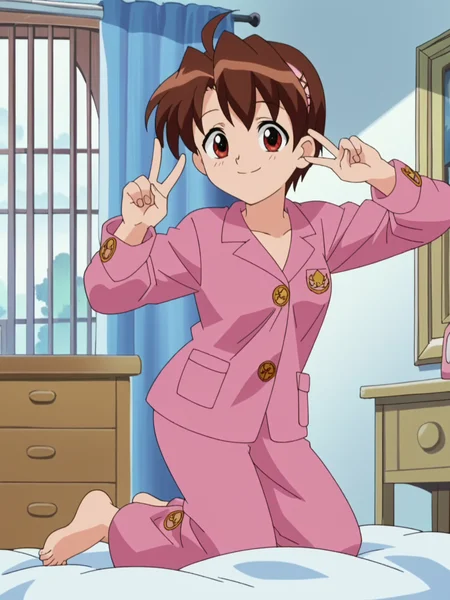 score_9, score_8_up, score_7_up, source_anime, uncensored, 1girl, <lora:Fuko_Kuzuha_PDXLv0:0.8> fuko kuzuha, pink pajamas, smile, [anime screencap], barefoot, aged up, medium breasts:1.2, v, cute pose, solo, bedroom