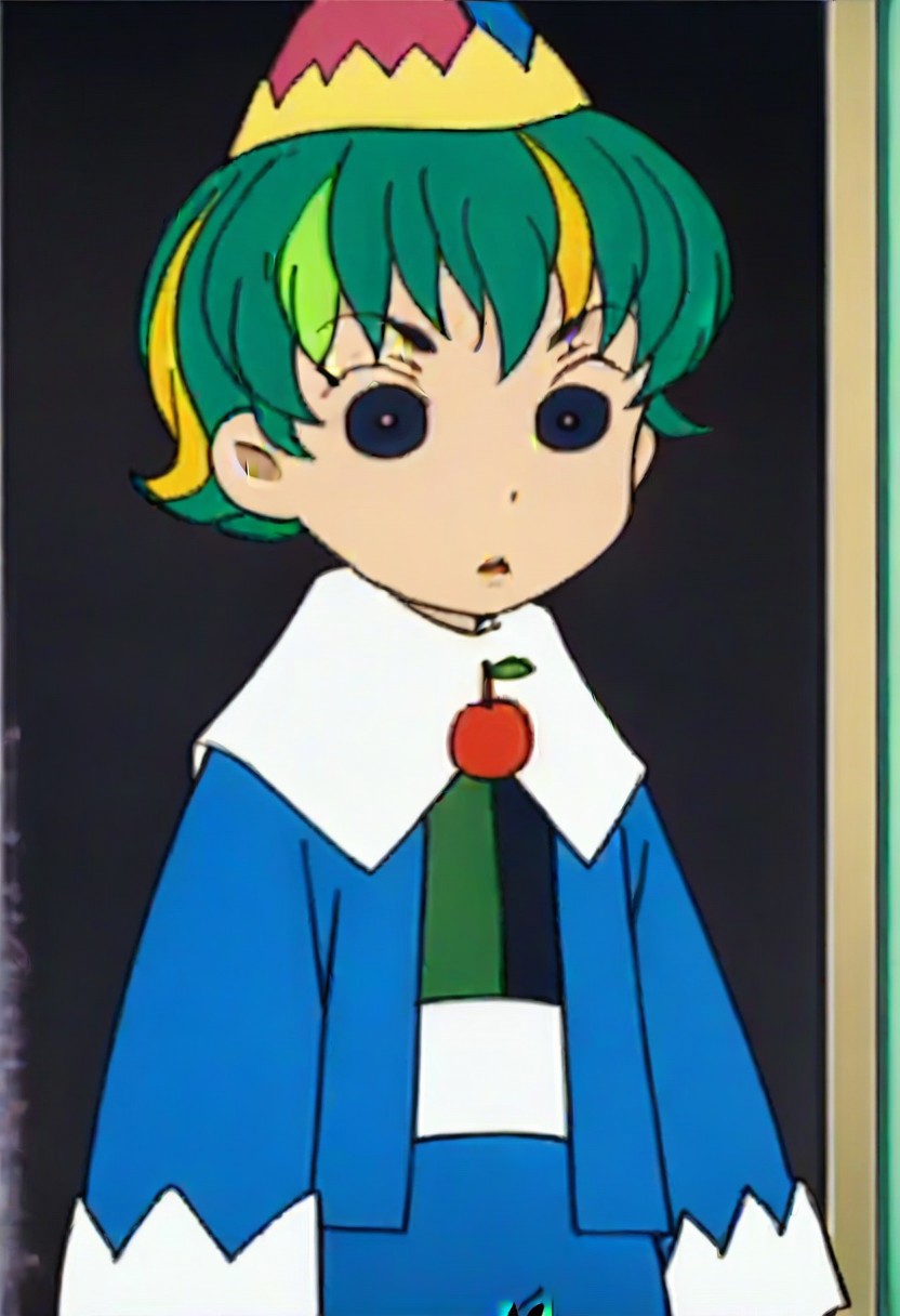 hat, green hair, multicolored hair, long sleeves, short hair, cherry, fruit, 1girl, blonde hair, black eyes,,,,,,,,,,, ,,,,,anime coloring,anime screencap, 1girl,Solo ,, anime,,,,official art, Uncensored ,Unedited ,,,,, ,,,,,,