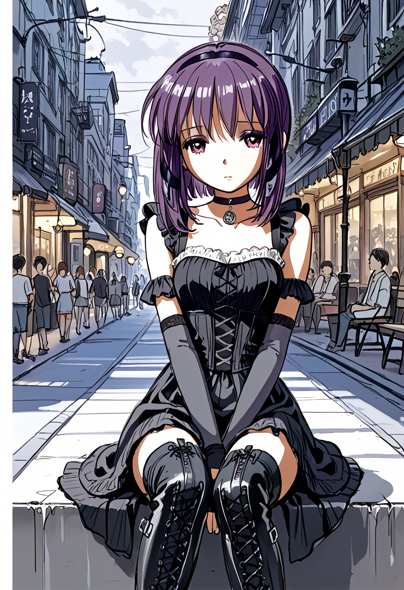 score_9,score_8_up,score_7_up,source_anime, high quality detailed, very aesthetic, 8K, 16K, high quality, best quality, detailed eyes, hand, beautiful hands, prefect hands, perfect anatomy, (1girl, looking away from viewer), Miho, sidelocks, purple hair, hair ribbons <lora:Miho_Tohya__Megatokyo:1>miho, choker, elbow gloves, fingerless gloves, gloves, greyscale, goth boots, sad expression, distant expression, sitting on street light , city, night, Japanese city, in sketchbook, (colored marker style:1.2), (sketch:1.4),