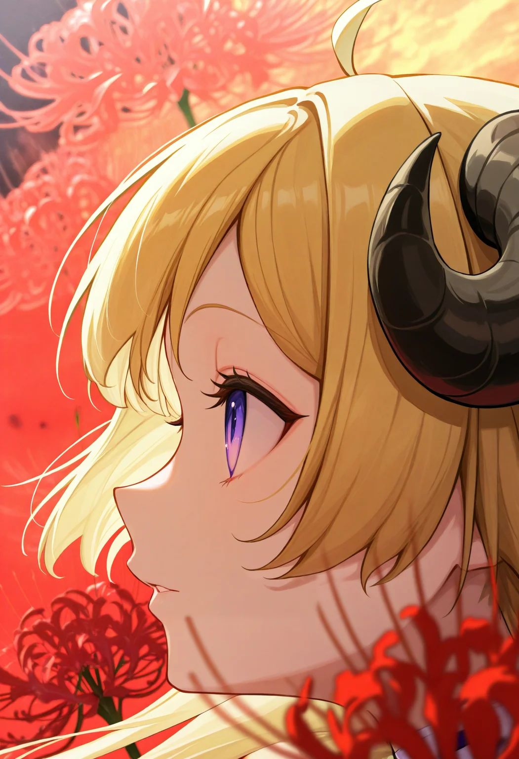 masterpiece, best quality, 1girl, solo, TsnmkWtm, horns, blonde hair, purple eyes, long hair, ahoge, abstract background, close-up, face, eyelashes, flower, parted lips, profile, red flower, spider lily, <lora:ChamTsunomakiWatameIllustriousXL:1>, <lora:ChamIllustriousBackgroundEnhancer:1>