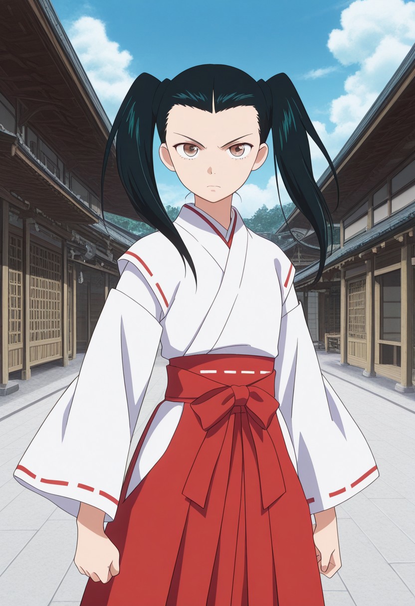 masterpiece, best quality, source_anime,official art,perfect_anatomy, 1girl, nayuta moriyama, solo,  brown eyes, twintails, black hair, long hair,miko, japanese clothes, red hakama, hakama skirt, determined ,serious,looking_at_viewer,cowboy shot,day,blue_sky,cloud