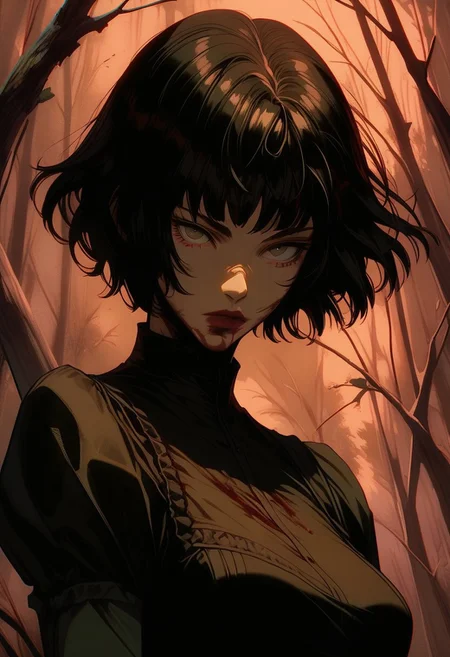 score_9, score_8_up, score_7_up, score_6_up, gthan, gthan, 1girl, solo, black hair, looking at viewer, short hair, bangs, closed mouth, dress, black eyes, dutch angle, red lips, fair skin, big breasts, dark forest, dappled moonlight, upper body, blood, lowered head, GLSHS, partially illuminated