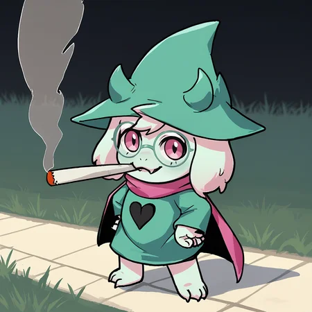 score_9, score_8_up, score_7_up, score_6_up, score_5_up, score_4_up, zPDXL2,source_anime,rating_questionable,Ralsei Deltarune , outdoors, smile, <lora:DoobieRalsei:0.8> dubi3, full body, standing, chibi, looking at viewer, hands on own hips, cigarette, smoke