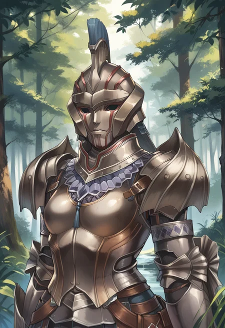 (score_9:0.9),score_8_up,score_7_up,rating_safe,anime style,(zPDXL),(zPDXL3),<lora:Kushala Armor ponyXL v1:0.7>,kushala armor,full armor,solo,1girl,standing,forest,silver armored gauntlets,silver breastplate,silver helmet,silver shoulder armor,upper body,