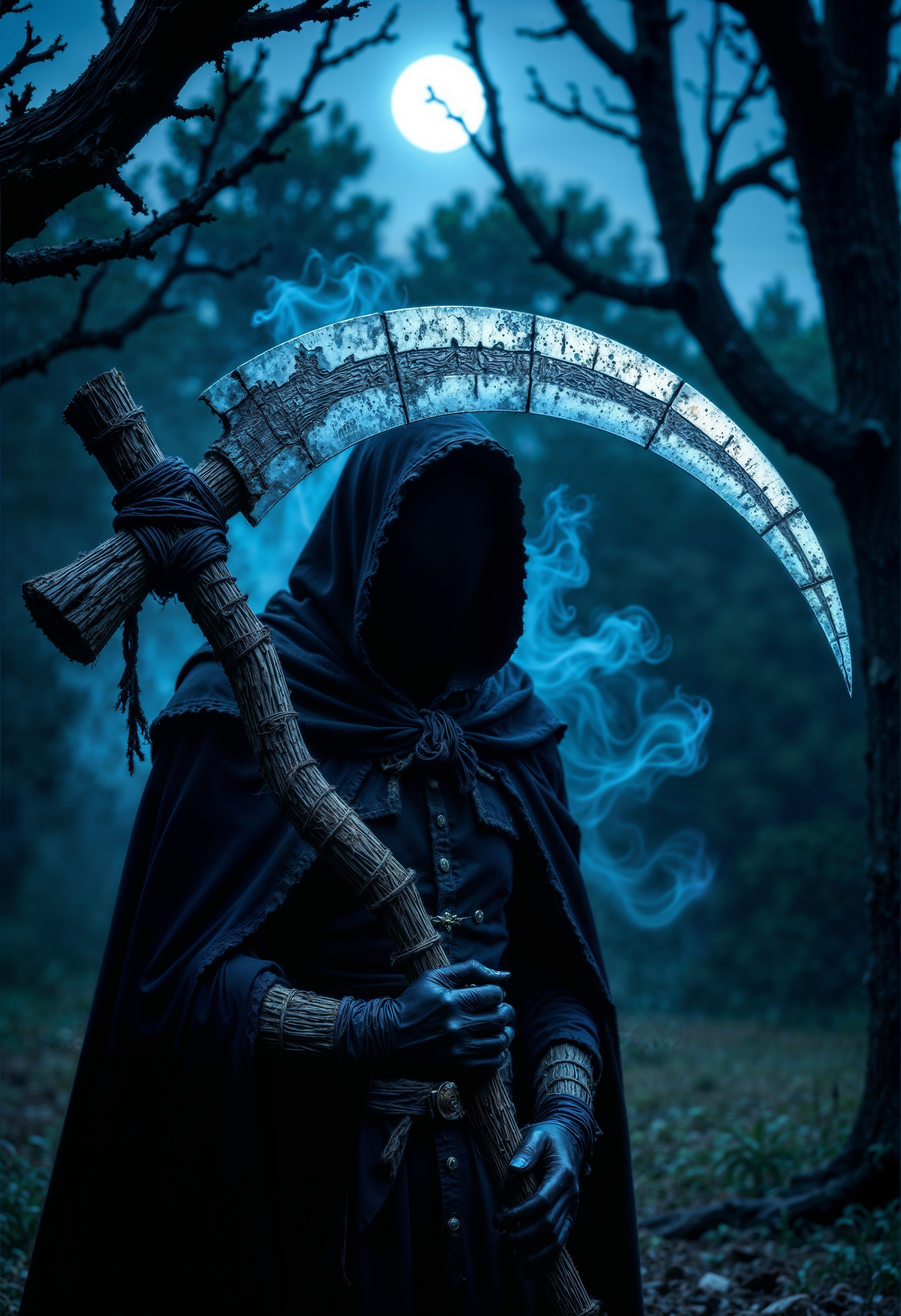 "A close-up of the Grim Reaper's scythe, its long, curved blade gleaming under the cold light of the moon. The blade is engraved with ancient, unreadable runes that glow faintly in the night, and the wooden handle is weathered and cracked from centuries of use. Around the blade, the air shimmers with a faint mist, and a cold wind seems to swirl in the background, revealing the edges of the Reaper's dark cloak. The colors are metallic silvers, cold blues, and deep blacks, with a haunting, ethereal quality, like a ghostly apparition in the dark."