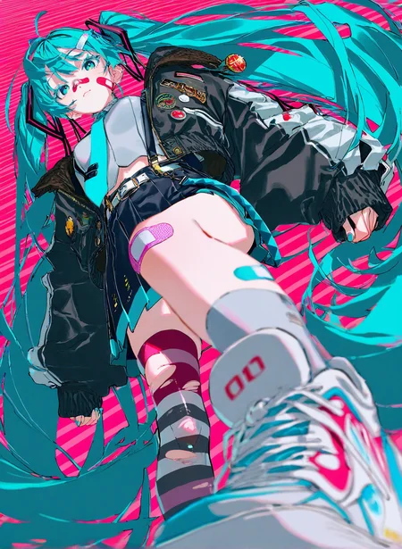 masterpiece, best quality, very aesthetic, 2024, 2023, perfect composition, ultra-detailed, rolua,
1girl, solo, hatsune miku, foreshortening, teal eyes, teal hair, cropped jacket, open jacket, skirt, straps, thighhighs, sneakers, street_fashion, bomber jacket, glitter,colored eyelashes, midriff peek, from below, suspender skirt, bandaid on face, bandaid_on_nose, torn thighhighs, bandaid_on_knee, bandaid_on_cheek, mismatched thighhighs, v,, two-tone_jacket, blue necktie, pouch, belt,pin, geometric pattern, abstract background, striped background,