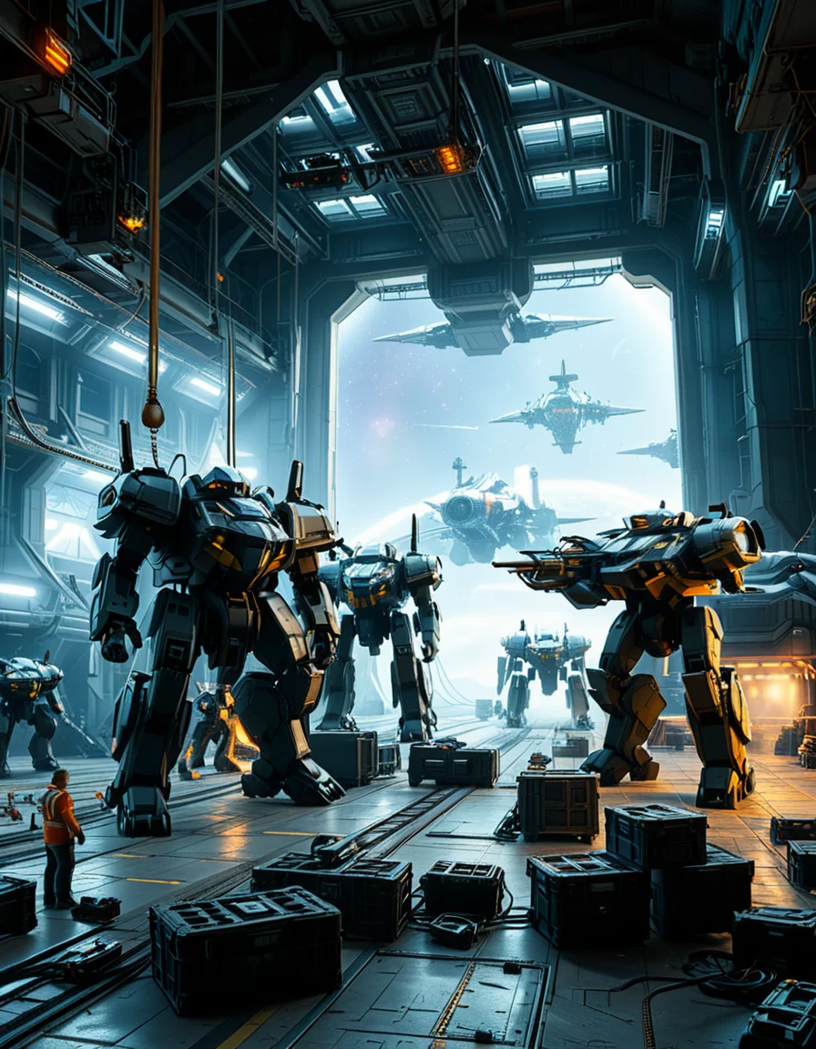 A massive, futuristic spaceship hangar filled with towering battle mechs undergoing maintenance. The hangar is dimly lit, with industrial lighting casting a cold, bluish glow over the metallic surfaces. The high ceiling is lined with steel support beams, catwalks, and suspended cranes used for repairing the massive war machines. The walls are adorned with warning signs, control panels, and illuminated holographic displays providing diagnostic data on the mechs. In the foreground, a colossal mech stands on a heavy-duty platform, its armored plating showing signs of battle damage, with exposed mechanical parts being worked on by robotic arms. The ground is marked with yellow hazard lines and scattered with tools, power cables, and spare parts. Steam rises from various vents, adding to the gritty, industrial feel. In the background, more mechs are stationed in docking bays, with their weapons and mechanical limbs being adjusted by automated repair systems. A large open bay door at the far end reveals the vastness of space, with distant stars and a massive planet visible beyond the hangar. The scene is detailed, immersive, and full of high-tech military sci-fi energy.
<lora:SDXLFaeTastic2400:0.4> <lora:extremely_detailed:0.4> extremely detailed,<lora:mechwarriors_spaceship_h4ng4r:1>,mechwarriors spaceship h4ng4r, Masterpiece,best quality,hi res,8k,hi res,8k,award winning,(sharp focus, intricate, highly detailed),