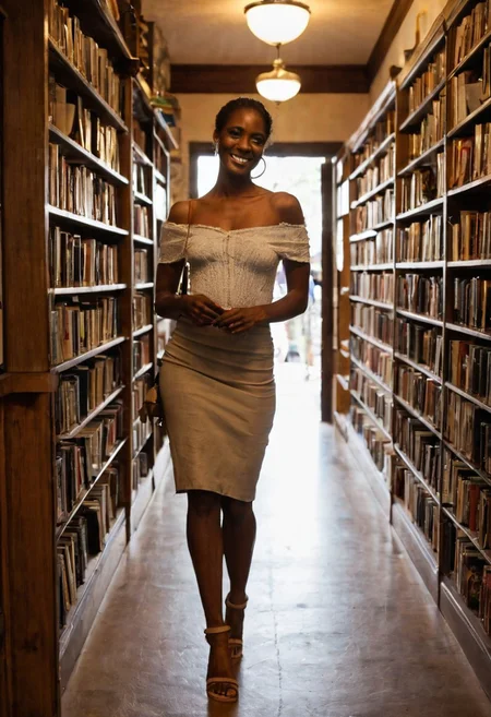 sdxl_astridholgr, masterpiece, best quality, indoor ambient realism, soft storytelling mood, a dark skin woman browsing a cozy bookstore aisle, wearing off-shoulder blouse falling down one arm, tight skirt, and strappy sandals, eyebrows raised subtly, teasing smile, warm light from overhead fixtures, narrow aisle focus, dust motes in sunlight, rich wood and paper detail