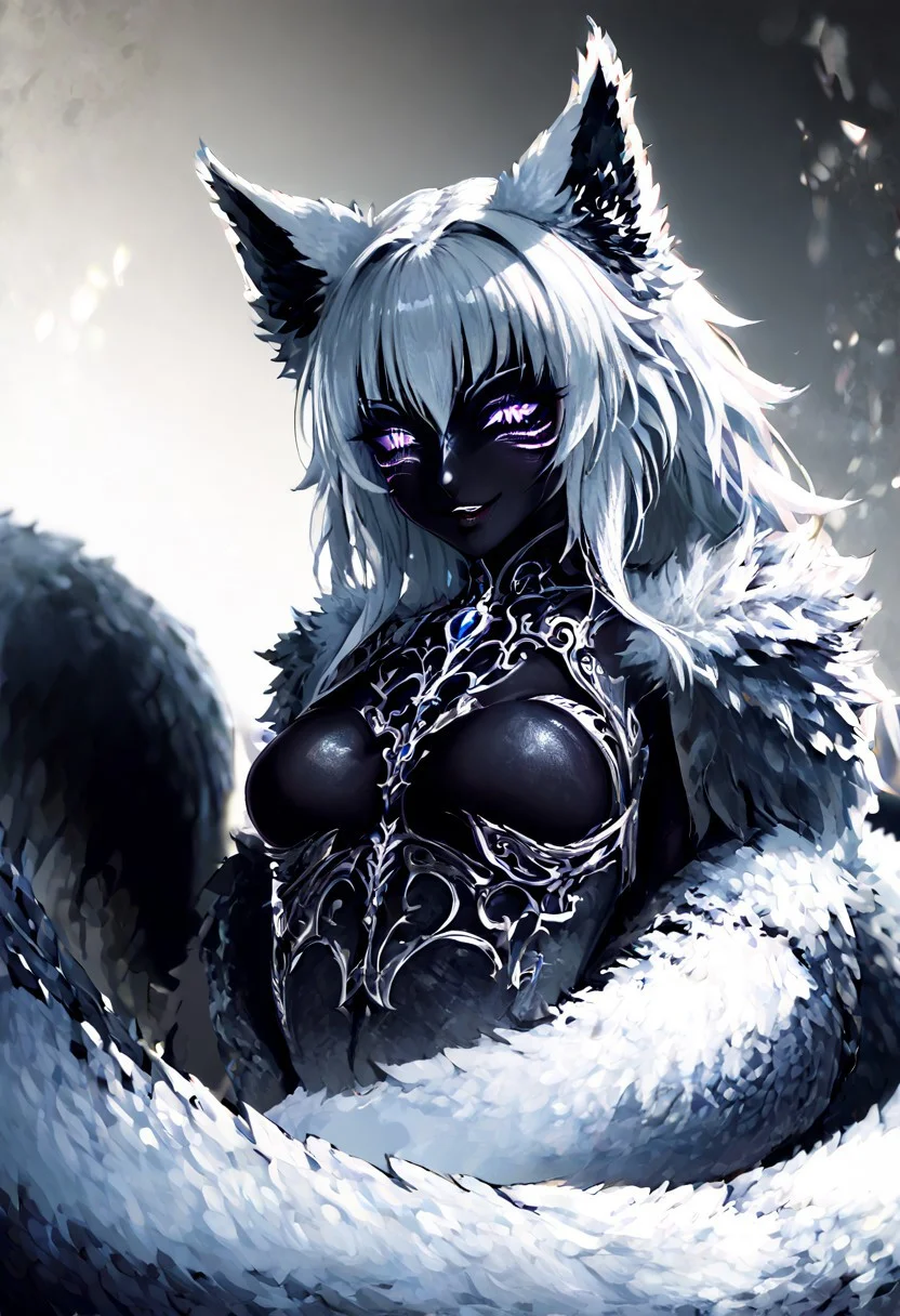 (Masterpiece:1.3), (best quality:1.2), (detailed background:1.1), (intricate details:1.1), (detailed background:1.2), 1girl, solo focus, perfect anatomy, sexy, 2d style,
BREAK
(score_9, score_8_up, score_7_up), (Masterpiece), (expressive eyes), 1girl, 
Bunyip, lamia, snake scutes, black underside, fluffy, furry tail topside, white fur, animal arms, shoulder fur, animal ears, colored skin, black skin,
<lora:MGE_V5.0:1.2>
BREAK
revealing clothes, sexual pose, charming, sexy, horny smile,tight bra,
 perfect body, metal body parts, slutty make up,
dynamic angle, side shot,
edgy and dramatic fashion photography,volumetric lighting, bloom, harsh lighting, muted colors,
looking down at the viewer, side view,
BREAK
perfecteyes,NegativeDynamics,scenery,bleakfaith,hkevil,