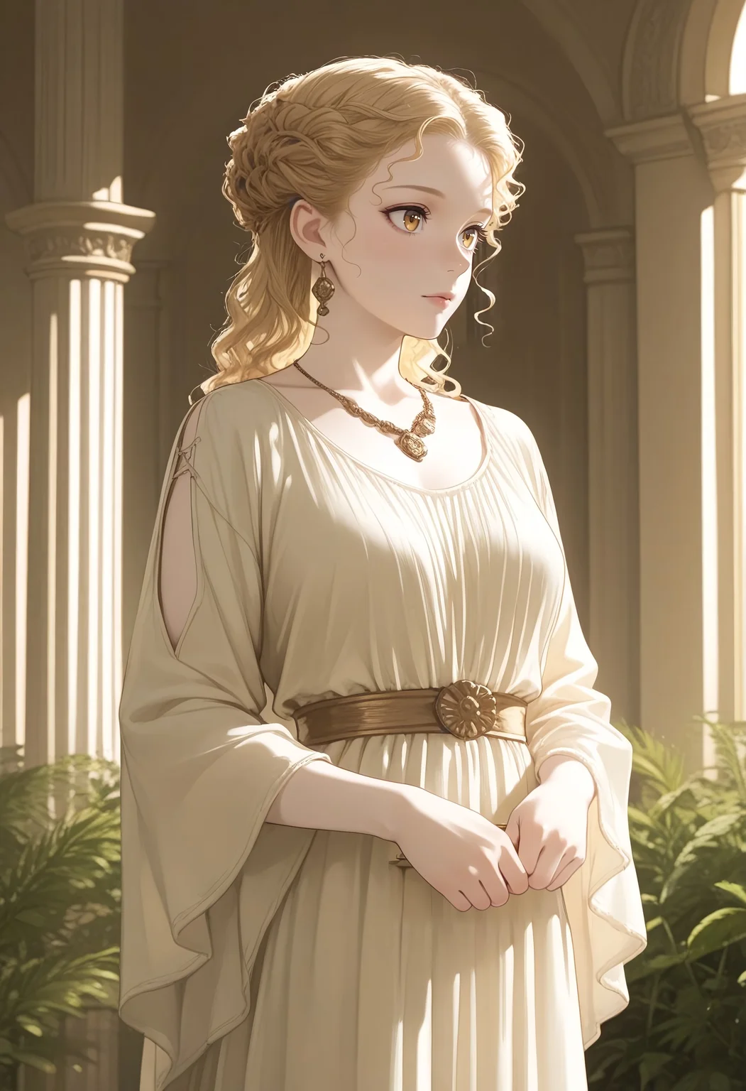 Smooth_Quality, masterpiece, best quality, highres, absurdres, romanfashion, 1girl, solo, blonde hair, pale skin, yellow and white dress, jewelry, necklace, split sleeves, earrings, curls, inside, roman villa, columns, plants, roman murals <lora:roman_fashion:1.0>