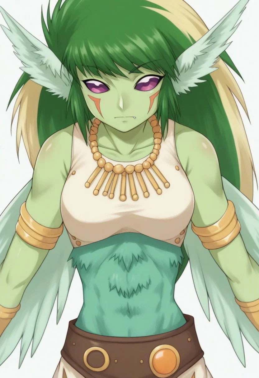 sscore_9, score_8_up, score_7_up, source_anime, anime illustration, masterpiece, best quality, lots of details, BREAK zPDXLx, mur4k4mi-ip, bakugan,ventus harpus,green skin,1girl,solo,colored skin,green hair,purple eyes,monster girl,tail,crop top,jewelry necklace,simple background,midriff,green skin,harpy,bakugan (creature)