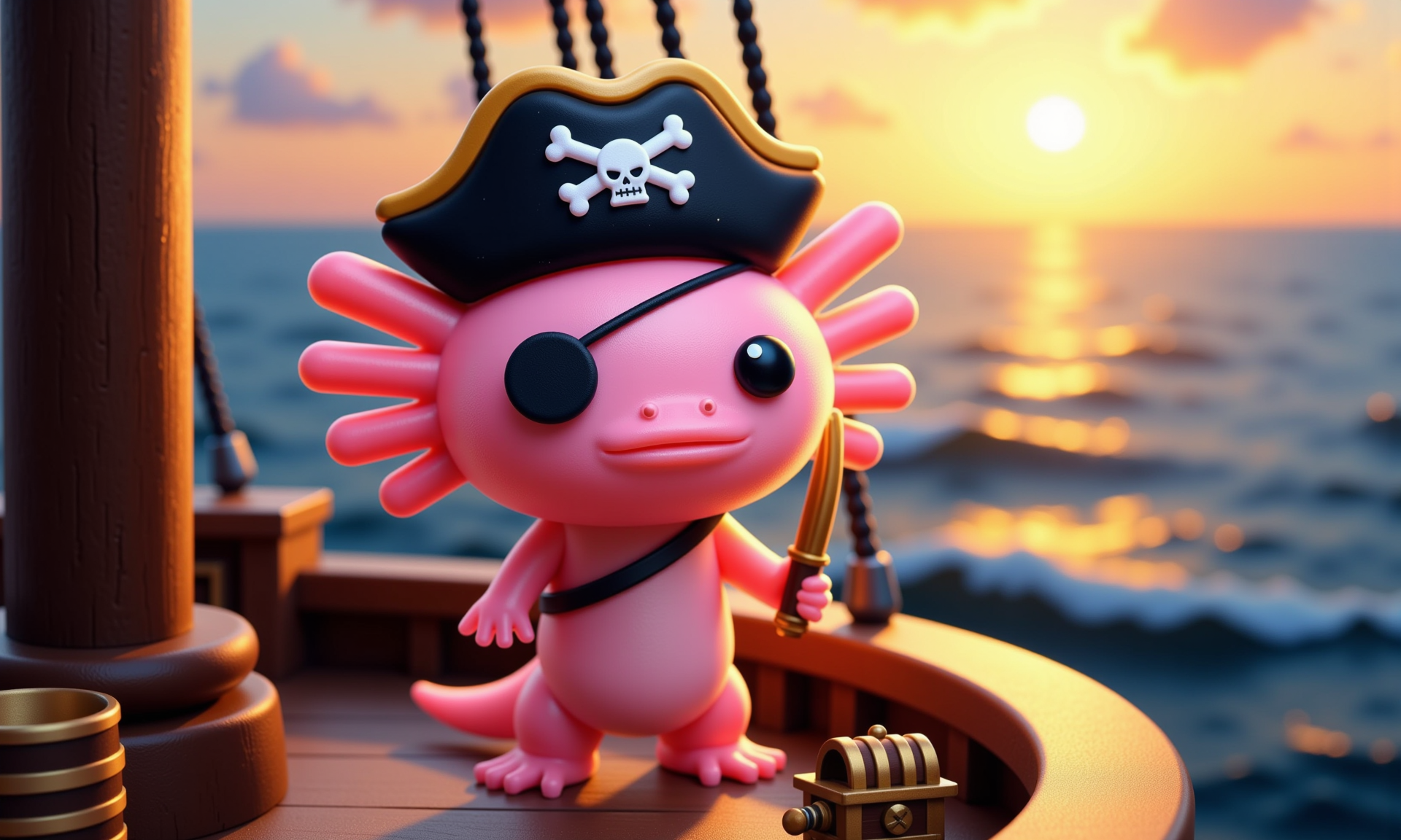 close-up of a pink axolotl dressed as a tiny pirate, complete with a miniature tricorn hat, eyepatch, and a small wooden sword, standing proudly on a miniature ship deck; its round black eyes glint with mischief, and its frilly gills flutter as a gust of sea wind sweeps over; the shipâs deck shows fine wood grain textures, and tiny barrels, ropes, and treasure chests are scattered around; tilt-shift blur on the background captures distant waves and a golden sunset on the horizon, creating an adventurous and seafaring atmosphere<lora:Axomodel_Flux_V2.safetensors:0.5:0.5> <lora:wh1m5y_style flat illustration__FLUX.safetensors:1:1>