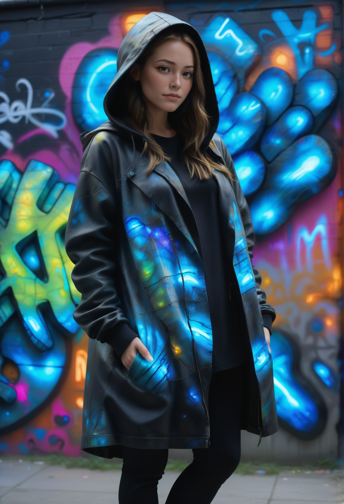 ((background and fashion made out of reij-lmlbrdrt, <lora:LumiLabradorit:1>)), oversizes shirt painted with graffiti street art fashion style, black long leather coat with hoodie, , , upper body,, posing cheekily, (((masterpiece))) , (((best quality))) , 2d, (adorable 1girl, solo:1.3), posing cheekily in front of a graffiti wall, 1woman, soft freckles, long hair, open hair