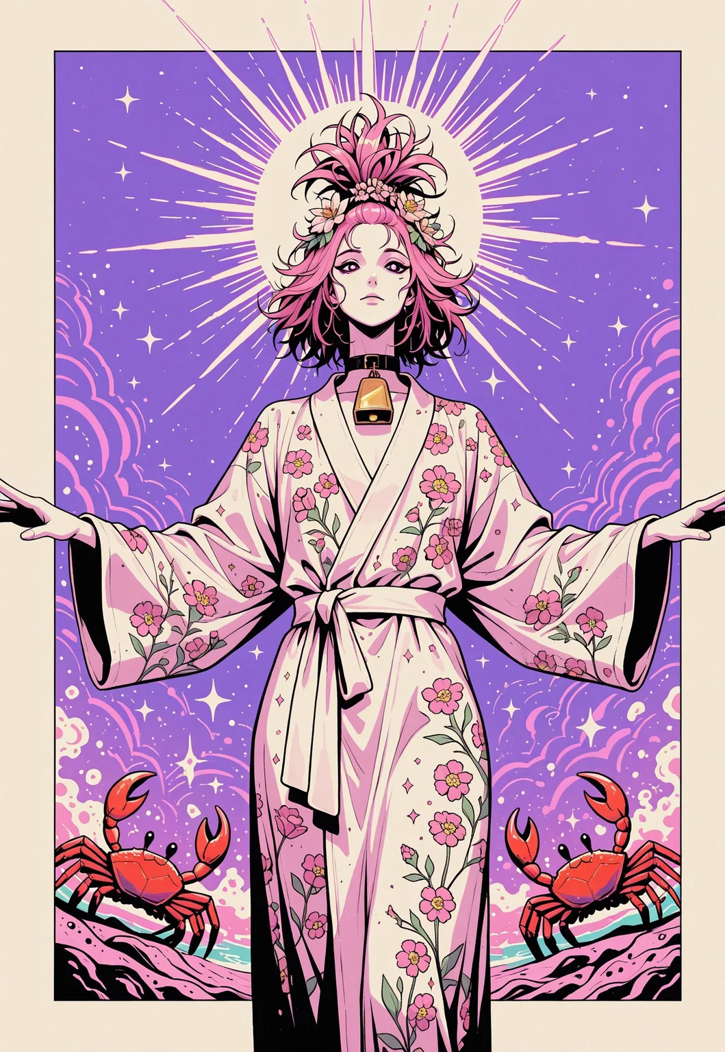 solo, from below, t-pose, stare, ambiguous gender, androgynous, bathrobe, floral print, outside border, unique,
crab, topknot, messy hair, backlighting,
purple background, partially colored, pink hair, sparkles, flower hair ornament, cowbell collar, bright pupils,
vdsur, surreal, colorful background,
masterpiece, best quality, absurdres, very aesthetic, dynamic pose