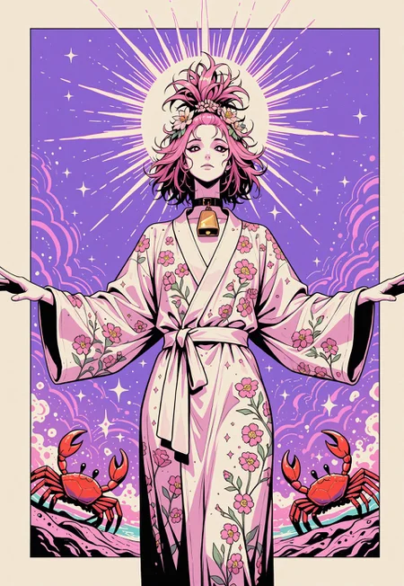 solo, from below, t-pose, stare, ambiguous gender, androgynous, bathrobe, floral print, outside border, unique,
crab, topknot, messy hair, backlighting,
purple background, partially colored, pink hair, sparkles, flower hair ornament, cowbell collar, bright pupils,
vdsur, surreal, colorful background,
masterpiece, best quality, absurdres, very aesthetic, dynamic pose