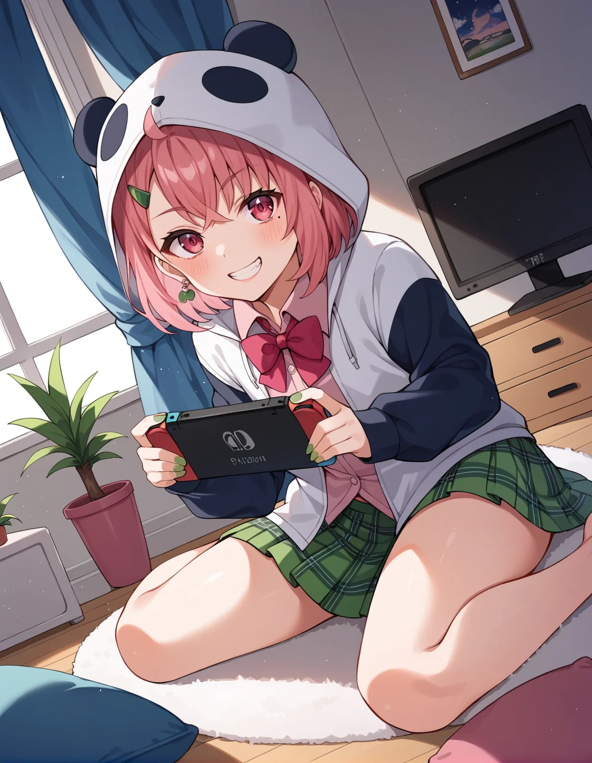 score_9, score_8_up, score_7_up, source_anime, rating_safe, BREAK <lora:sakuSasaki_XL-Pony_LoRA-C3Lier_16-16-8-8_AdamW_Un3e-4_Te1.5e-4_10batch:1>, sasaki saku, 1girl, virtual youtuber, pink hair, multicolored hair, short hair, ahoge, pink eyes, green nails, mole under eye, hairclip, earrings, animal hood, panda hood, hood up, two-tone jacket, white jacket, black sleeves, long sleeves, collared shirt, pink shirt, red bowtie, plaid skirt, green skirt, sitting, grin, nintendo switch, playing games, looking at viewer, facing viewer, dutch angle, light particles, carpet, cushion, television, potted plant, window, window shade, curtains, blue sky, cloud, sunlight