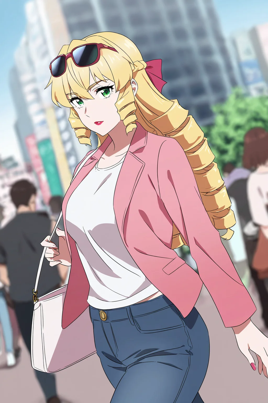masterpiece, best quality, absurdres, highres, cinematic light, 1girl, solo, <lora:grace_auverne:1> grace_wz, blonde hair, long hair, drill hair, drill sidelocks, hair bow, lipstick, looking at viewer, green eyes, shirt, jacket, jeans, sunglasses, eyewear on head, hand bag, shoulder bag, city, people, building, tokyo \(city\), walking, blurry background