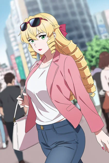 masterpiece, best quality,  absurdres, highres, cinematic light, 1girl, solo, <lora:grace_auverne:1> grace_wz, blonde hair, long hair, drill hair, drill sidelocks, hair bow, lipstick, looking at viewer, green eyes, shirt, jacket, jeans, sunglasses, eyewear on head, hand bag, shoulder bag, city, people, building, tokyo \(city\), walking, blurry background