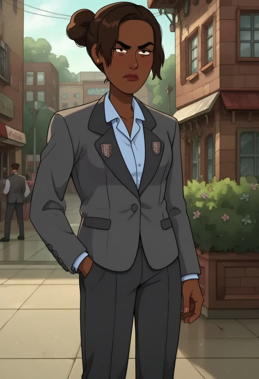 realistic, porn, BREAK, <lora:Principle_Murphy_Amphibia-000001:1> principle murphy, , brown hair, brown skin, tuxedo, (large breast), standing, school, annoyed, zPDXL2, zPDXLxxx, zPDXLrl, <lora:Pony_QualityV4.0:1.12>