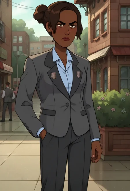 realistic, porn, BREAK, <lora:Principle_Murphy_Amphibia-000001:1> principle murphy, , brown hair, brown skin, tuxedo, (large breast), standing, school, annoyed, zPDXL2, zPDXLxxx, zPDXLrl, <lora:Pony_QualityV4.0:1.12>