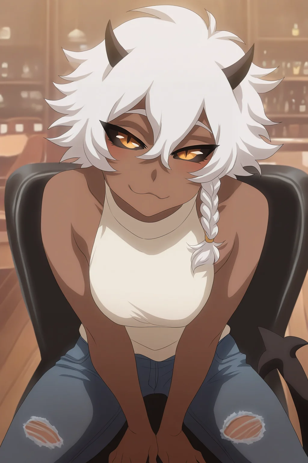 masterpiece, best quality, normal quality, absurdres, hires), (artist:ellery:1.0), outlines, 1girl, solo, demon girl, white hair, side braid, messy hair, hair between eyes, dark skin, brown skin, cow horns, small horns, black horns, orange eyes, slit pupils, black sclera, smile, :3, big eyes, half-closed eyes, white shirt, sleeveless, torn jeans, sitting on chair, cafe, looking at viewer, hands between legs, spaded tail, simple background, [bar background]